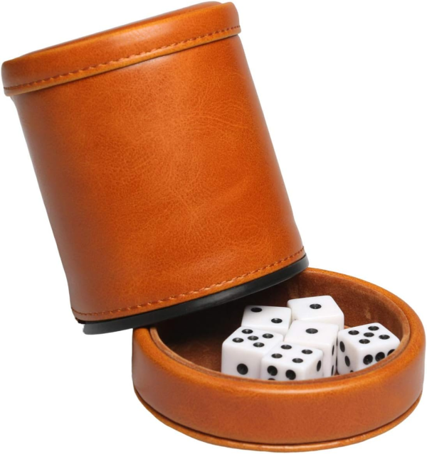 Leatherette Dice Cup with Lid Includes 6 Dices, Velvet Interior Quiet in Shaking for Liars Dice Farkle Yahtzee Board Games, Brown - Image 2