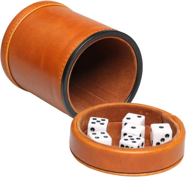 Leatherette Dice Cup with Lid Includes 6 Dices, Velvet Interior Quiet in Shaking for Liars Dice Farkle Yahtzee Board Games, Brown