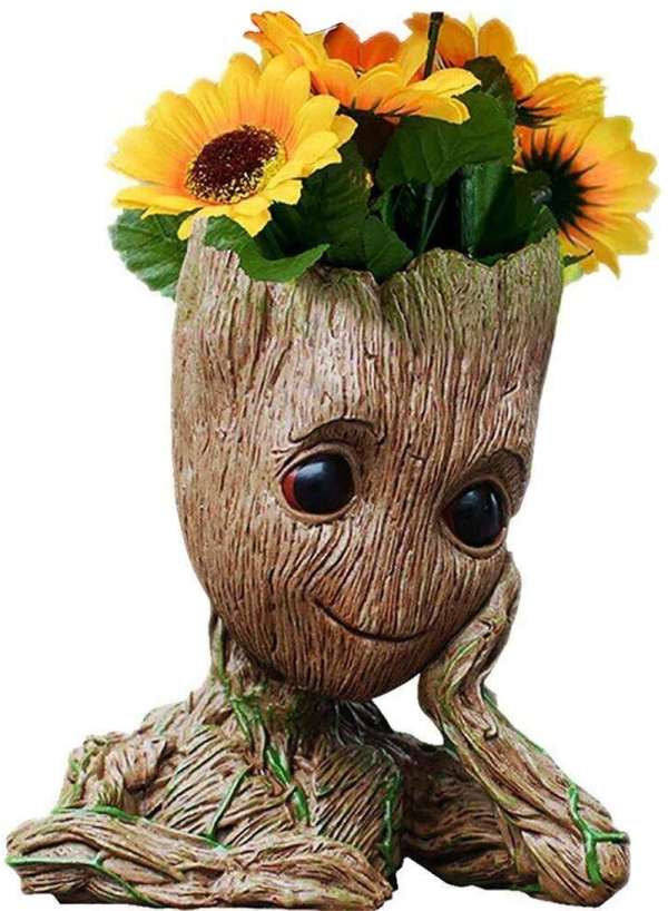 Geeky Groot Pen & Plant Holder – 6” Tree-Inspired Desk Ornament with Drainage for Succulents (Grayish Brown)