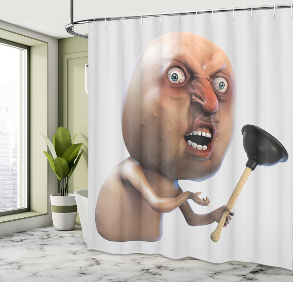 Humorous Meme Shower Curtain – “Why You No Plunger?” Grumpy Face Bathroom Decor - Image 4