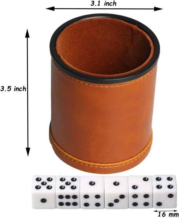 Leatherette Dice Cup with Lid Includes 6 Dices, Velvet Interior Quiet in Shaking for Liars Dice Farkle Yahtzee Board Games, Brown - Image 3