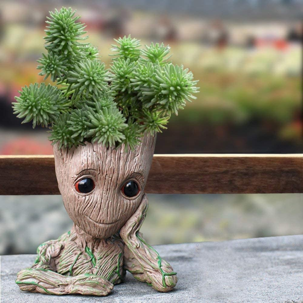 Geeky Groot Pen & Plant Holder – 6” Tree-Inspired Desk Ornament with Drainage for Succulents (Grayish Brown) - Image 2