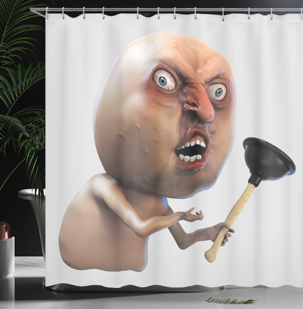 Humorous Meme Shower Curtain – “Why You No Plunger?” Grumpy Face Bathroom Decor - Image 3