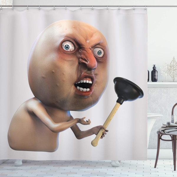 Humorous Meme Shower Curtain – “Why You No Plunger?” Grumpy Face Bathroom Decor