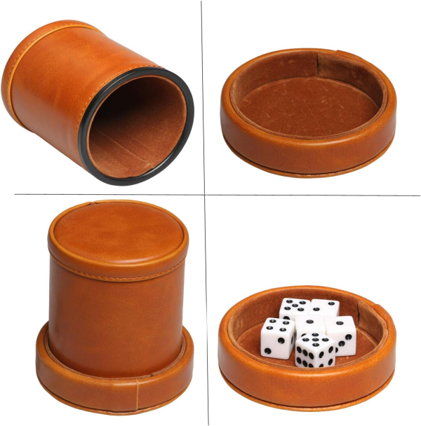 Leatherette Dice Cup with Lid Includes 6 Dices, Velvet Interior Quiet in Shaking for Liars Dice Farkle Yahtzee Board Games, Brown - Image 5