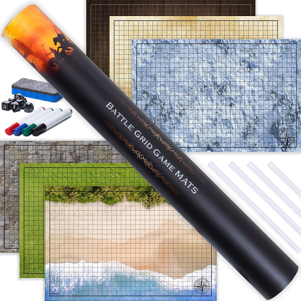 Dungeons and Dragons Starter Set | 3 X Double Sides 24X 36 Game Grid Mat | 6 Terrains Includes Dry Erase Markers, Eraser, Dice and Clips