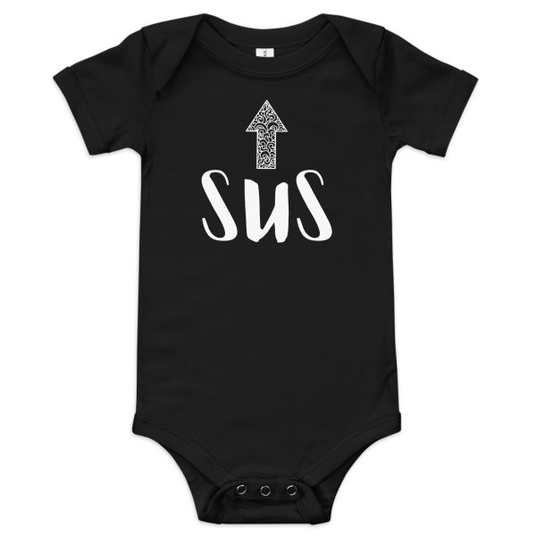 SUS Baby Onesie – Funny Short Sleeve Bodysuit with Upward Arrow Meme Design