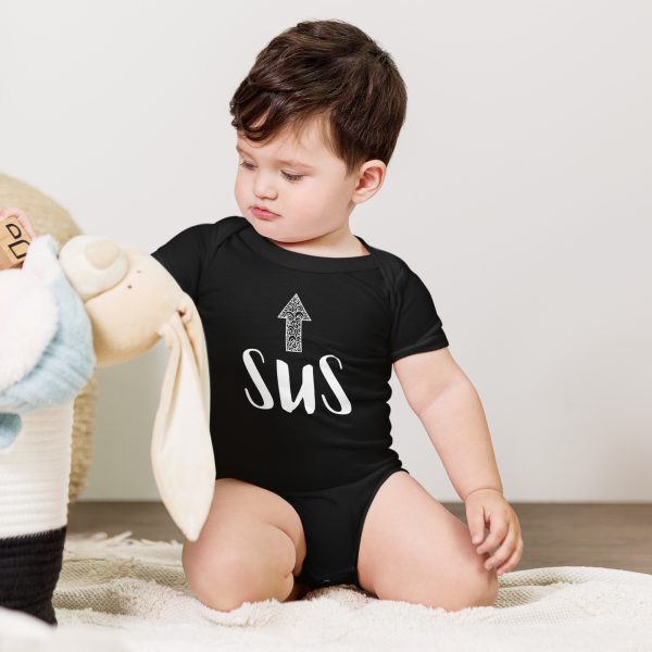 SUS Baby Onesie – Funny Short Sleeve Bodysuit with Upward Arrow Meme Design - Image 2