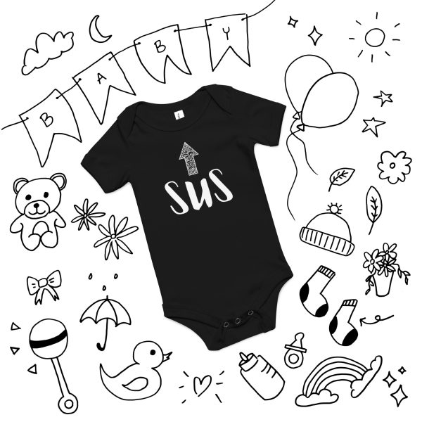 SUS Baby Onesie – Funny Short Sleeve Bodysuit with Upward Arrow Meme Design - Image 3