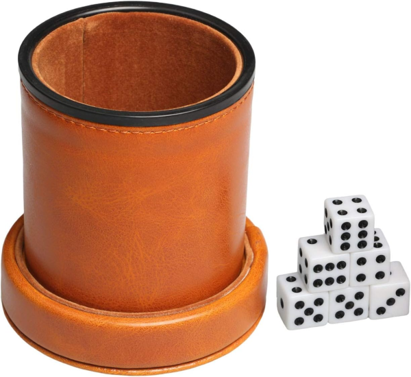 Leatherette Dice Cup with Lid Includes 6 Dices, Velvet Interior Quiet in Shaking for Liars Dice Farkle Yahtzee Board Games, Brown - Image 6