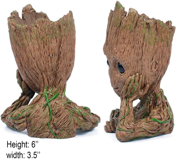 Geeky Groot Pen & Plant Holder – 6” Tree-Inspired Desk Ornament with Drainage for Succulents (Grayish Brown) - Image 3