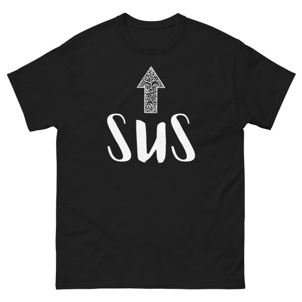 SUS Arrow Unisex T-Shirt – Funny Impostor Meme Tee, Sussy Design Pointing Up