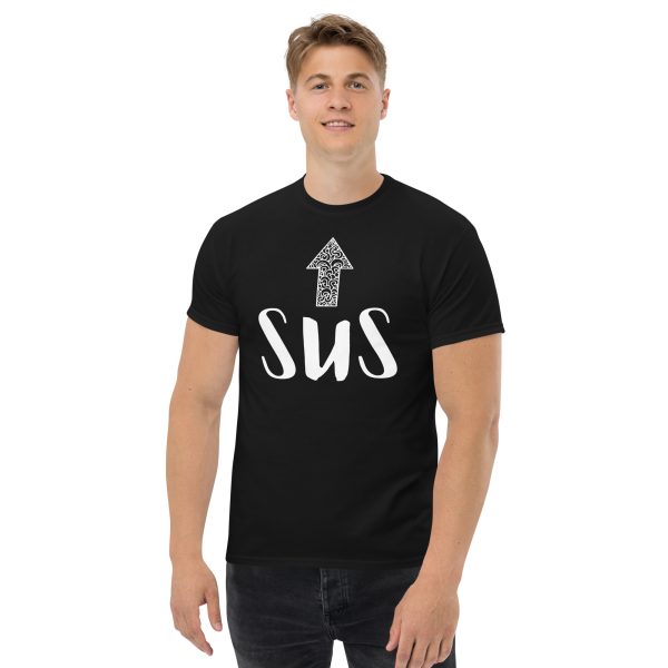 SUS Arrow Unisex T-Shirt – Funny Impostor Meme Tee, Sussy Design Pointing Up - Image 2