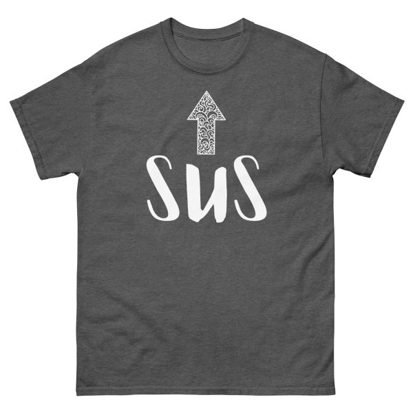 SUS Arrow Unisex T-Shirt – Funny Impostor Meme Tee, Sussy Design Pointing Up - Image 8