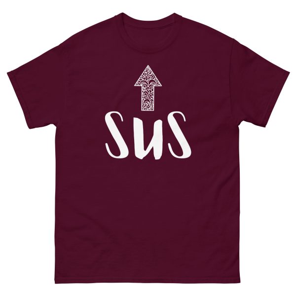 SUS Arrow Unisex T-Shirt – Funny Impostor Meme Tee, Sussy Design Pointing Up - Image 3