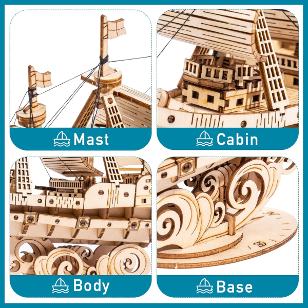 Vintage Ship 3D Wooden Puzzle Model Kit – DIY Buildable Boat for Display & Decor - Image 5