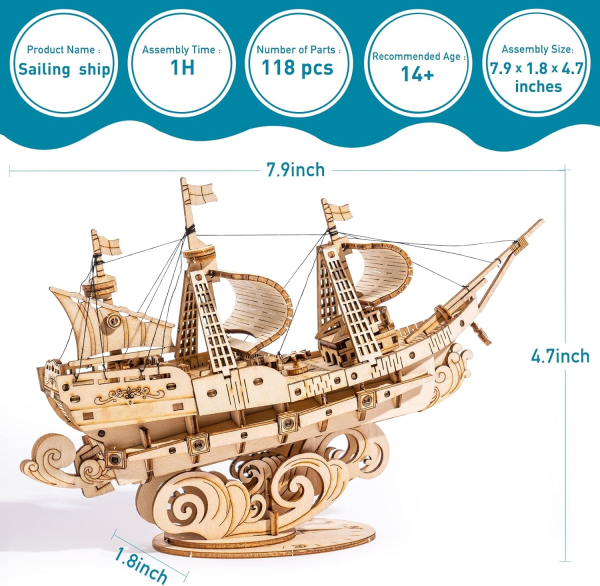 Vintage Ship 3D Wooden Puzzle Model Kit – DIY Buildable Boat for Display & Decor - Image 4