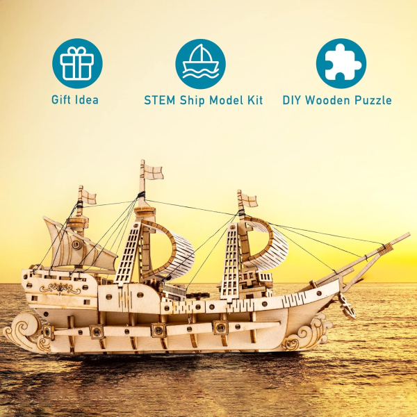 Vintage Ship 3D Wooden Puzzle Model Kit – DIY Buildable Boat for Display & Decor - Image 3