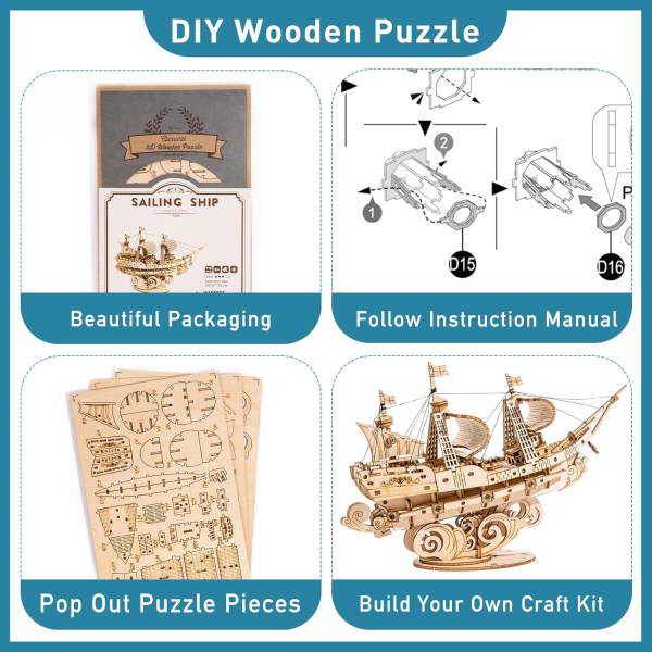 Vintage Ship 3D Wooden Puzzle Model Kit – DIY Buildable Boat for Display & Decor - Image 7